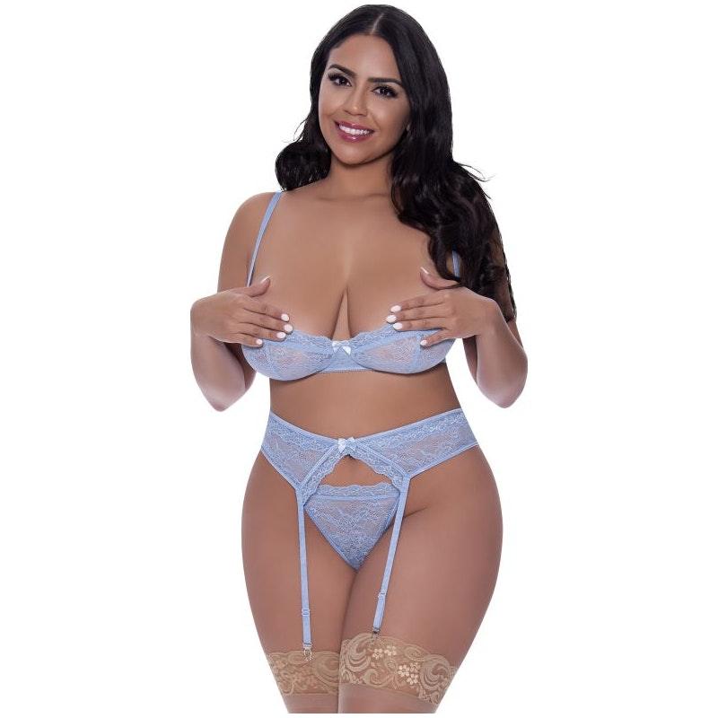 Demi Bra Garter and Thong Set - Lingerie