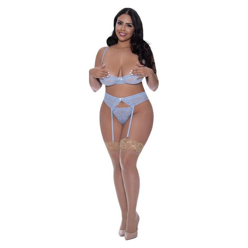 Demi Bra Garter and Thong Set - Lingerie
