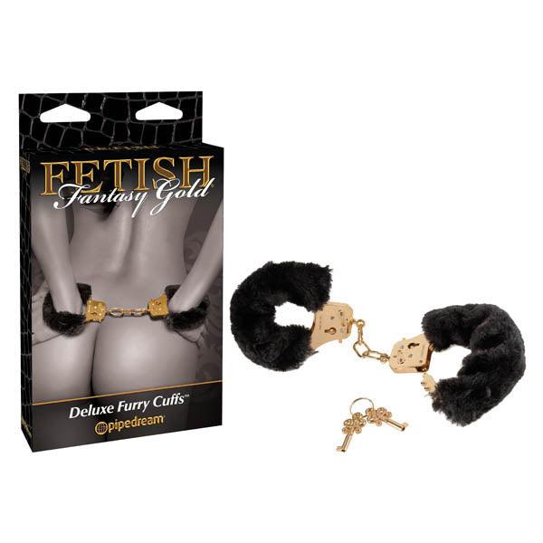 Fetish Fantasy Gold Deluxe Furry Cuffs - Black/Gold Furry Restraints - Naughty by Nature Adult Store