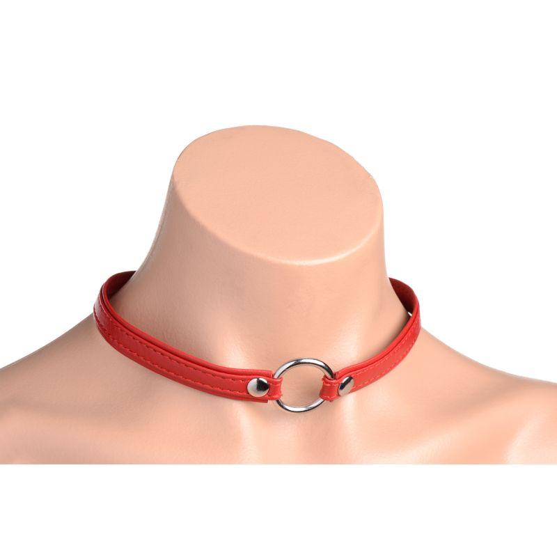 Fiery Pet Leather Choker w Silver Ring Red - Adult Toys