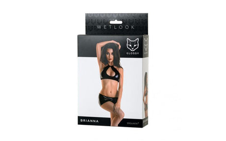 Glossy Brianna Wetlook Lingerie Set – Black Shiny Two - Piece Outfit - Lingerie