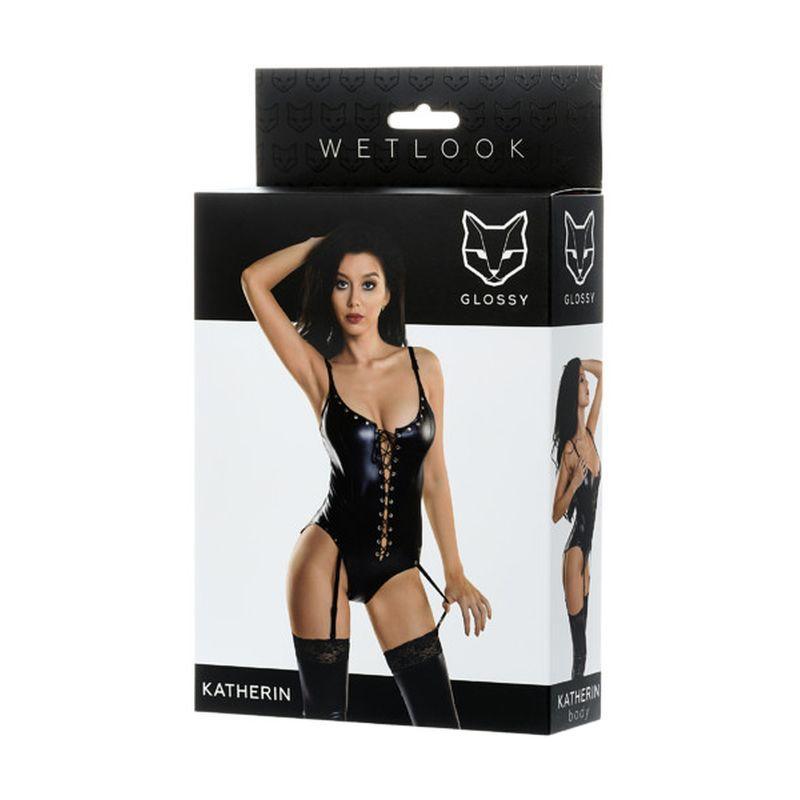 Glossy Wetlook Lace Up Bodysuit Katherin - Lingerie