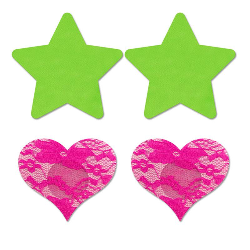 GLOW Fashion Pasties Set - Solid Neon Green & Pink - 2 Sets Included - Naughty by Nature Adult Store