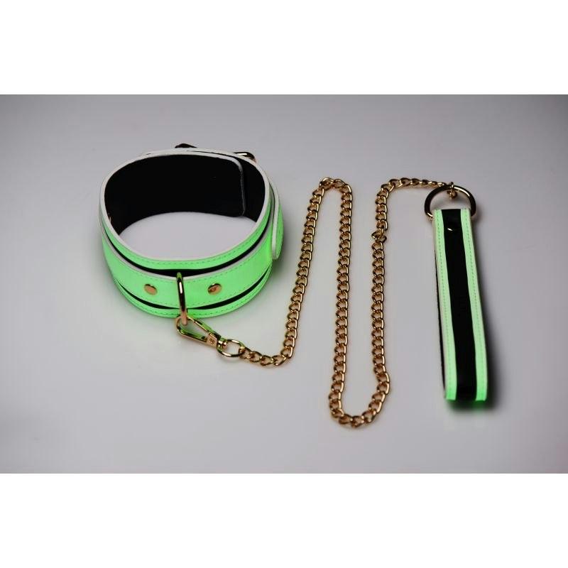 Kink in the Dark Glowing Collar and Lead Fluro Green - Adult Toys