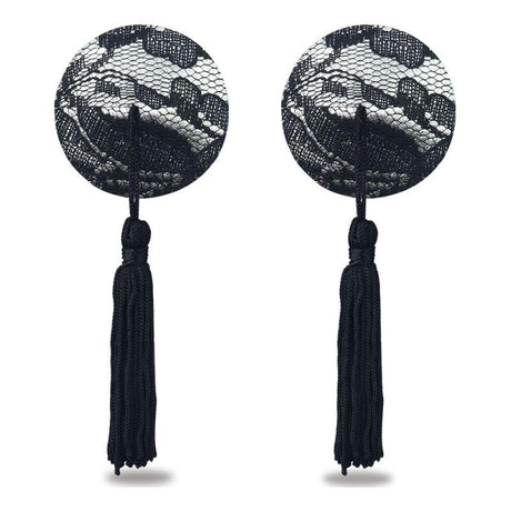 Lovetoy Reusable Black Lace Round Nipple Pasties with Tassels - Adult Toys