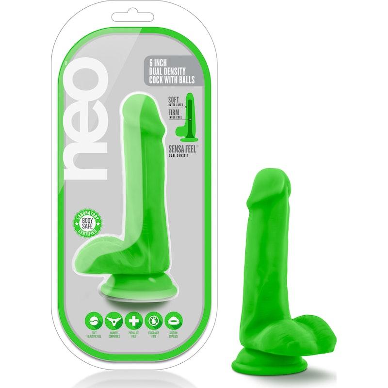 Neo Dual Density Cock With Balls 6in Neon Green - Adult Toys