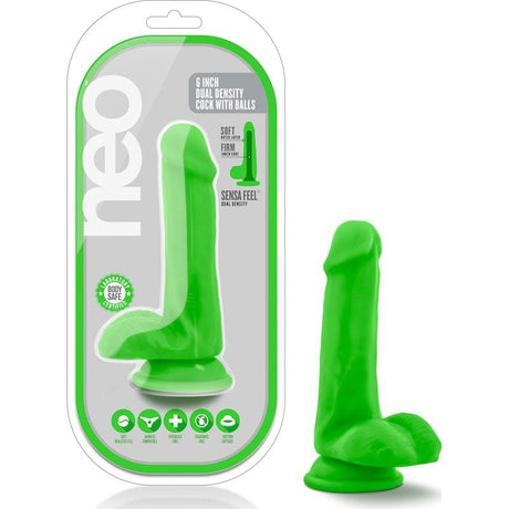 Neo Dual Density Cock With Balls 6in Neon Green - Adult Toys