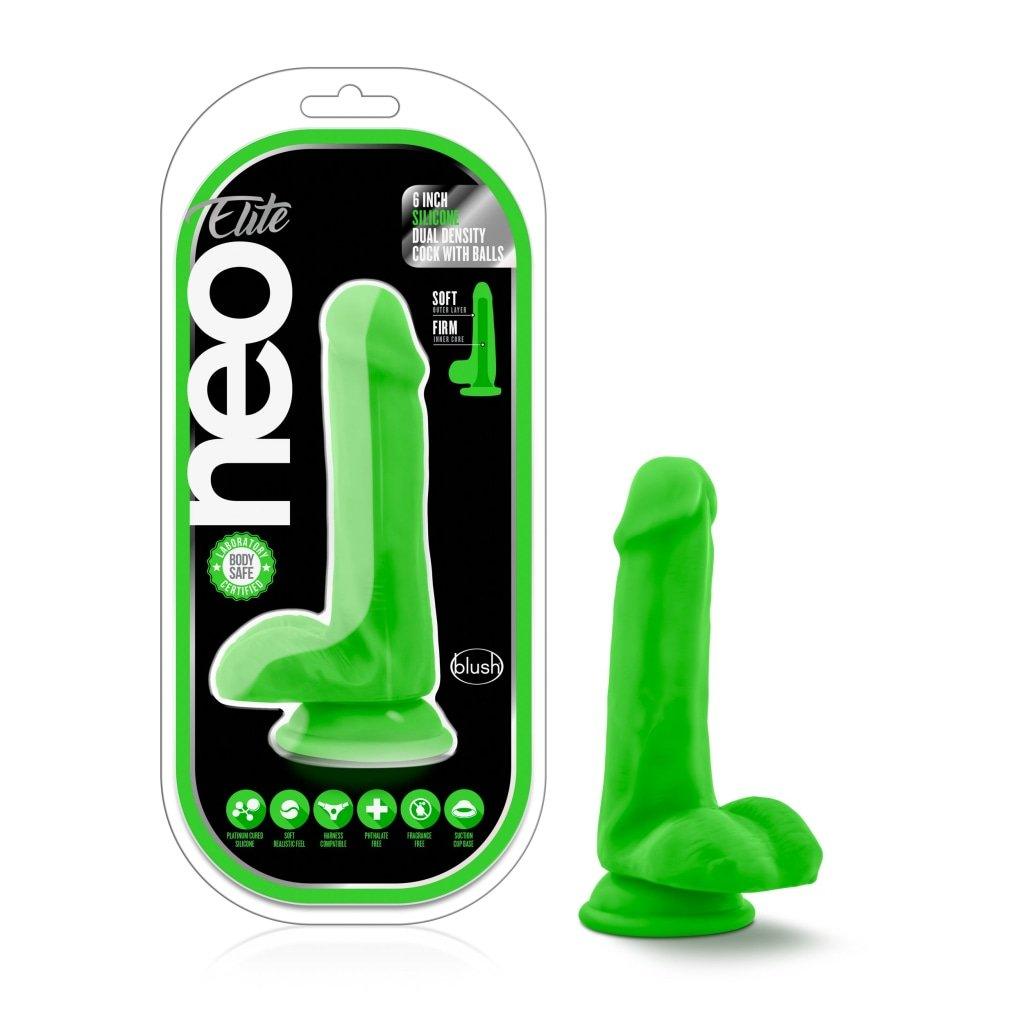Neo Elite 6in Silicone Dual Density Cock with Balls Neon Green - Adult Toys