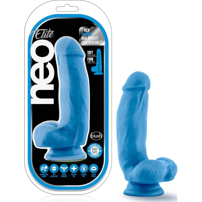 Neo Elite 7in Silicone Dual Density Cock with Balls Neon Blue - Adult Toys