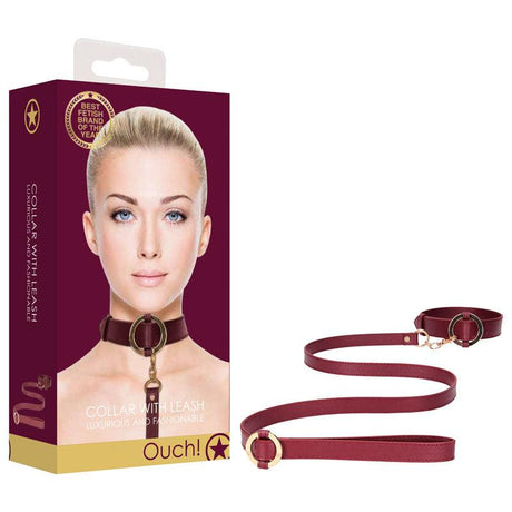 OUCH! Halo - Collar With Leash - Burgundy Restraint - Naughty by Nature Adult Store