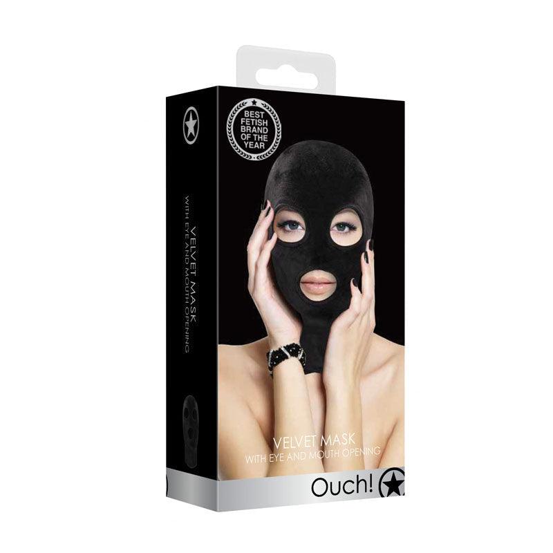 Ouch! Velvet & Velcro Mask with Eye and Mouth Opening - Black Hood - Naughty by Nature Adult Store