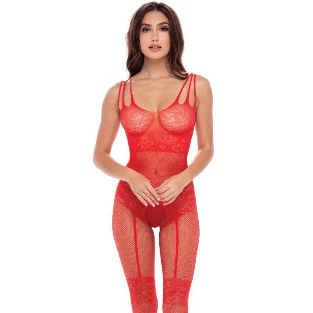 Rene Rofe Sexy All Heart Crotchless Bodystocking | Red Fishnet Lace - Lingerie