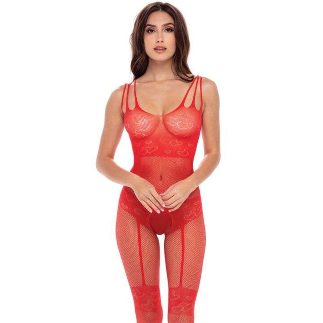 Rene Rofe Sexy All Heart Crotchless Bodystocking | Red Fishnet Lace - Lingerie
