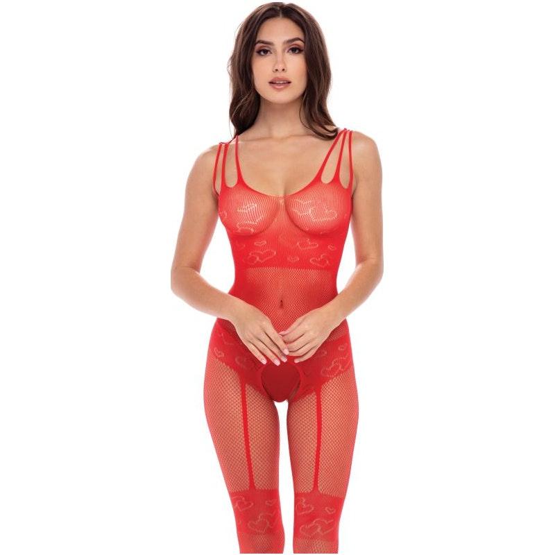 Rene Rofe Sexy All Heart Crotchless Bodystocking | Red Fishnet Lace - Lingerie