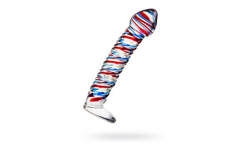 Sexus Glass Dildo Stripes w Base Blue/Red 16cm - Adult Toys