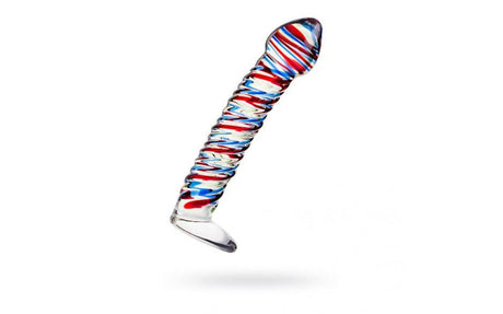 Sexus Glass Dildo Stripes w Base Blue/Red 16cm - Adult Toys