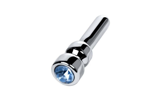 Silver Metal Urethral Plug w Sapphire Rhinestone Small - Adult Toys