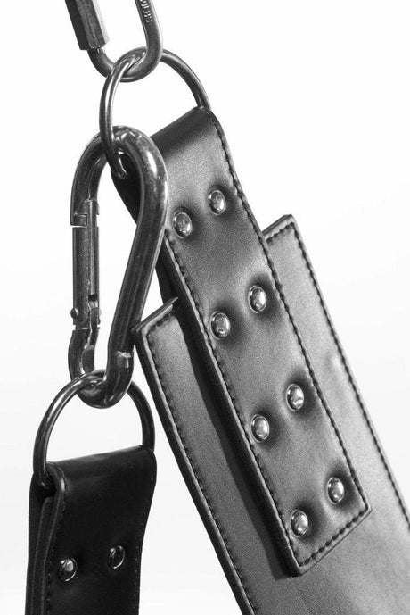 Strict Extreme Leather Bondage Sling with Stirrups and Pillow | Black - Adult Toys