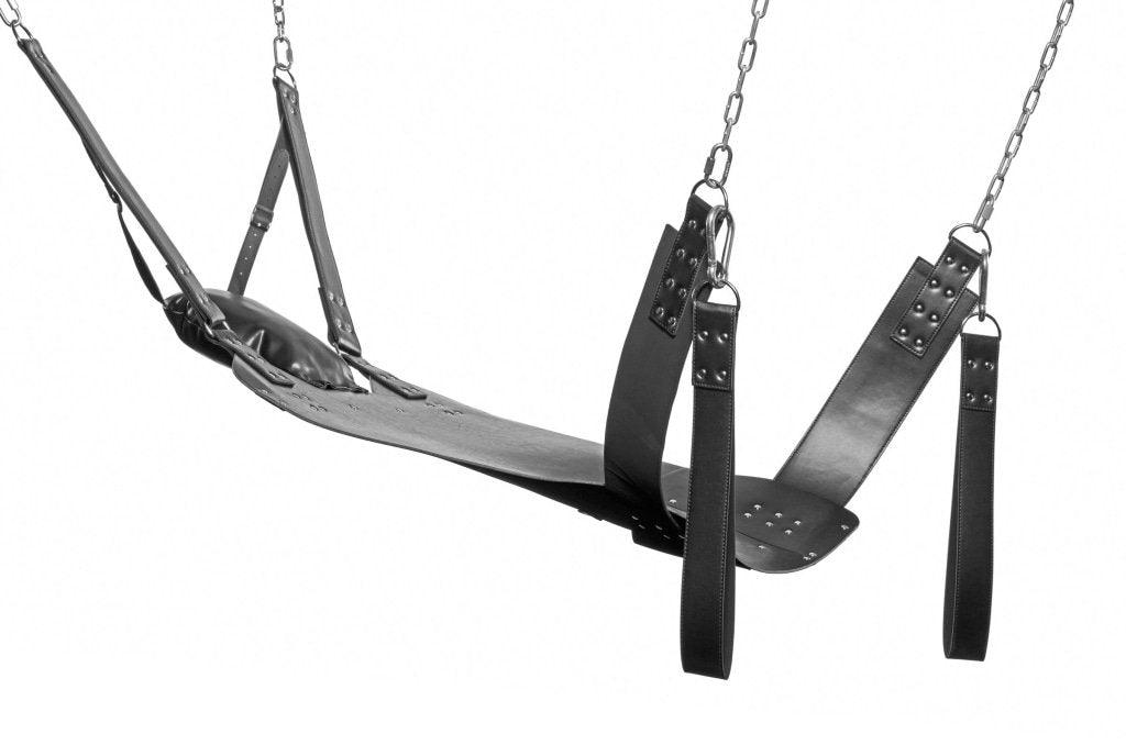 Strict Extreme Leather Bondage Sling with Stirrups and Pillow | Black - Adult Toys
