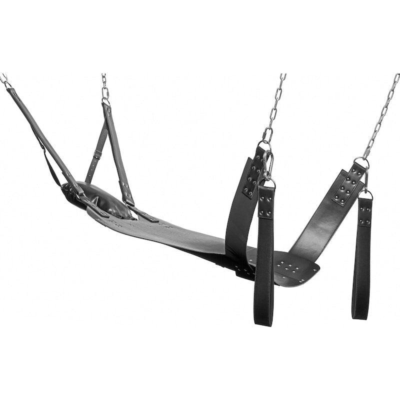 Strict Extreme Leather Bondage Sling with Stirrups and Pillow | Black - Adult Toys