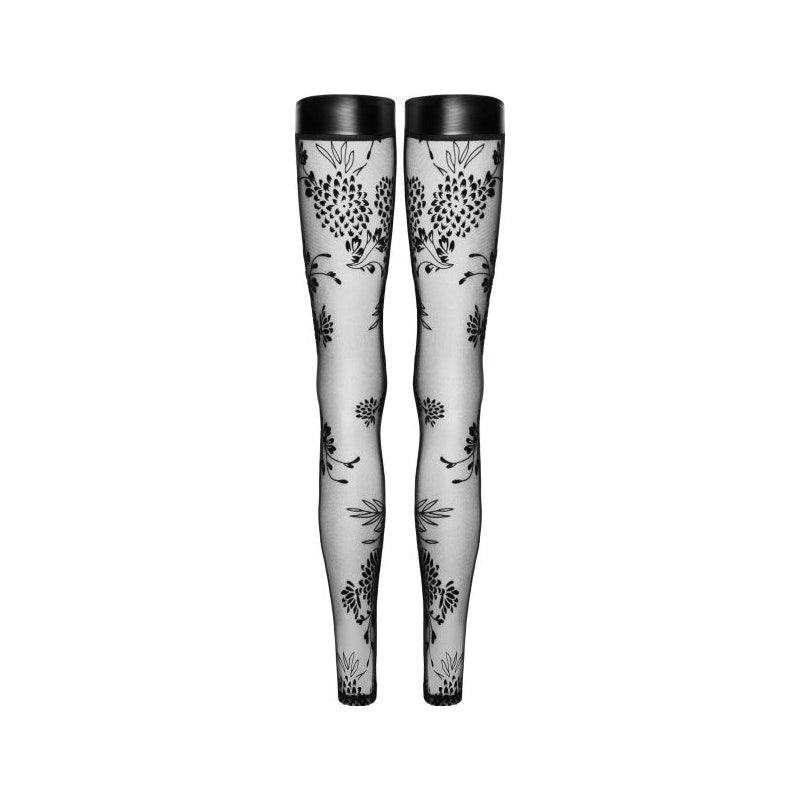 Tulle Stockings w Patterned Flock Embroidery & Power Wetlook Band - Naughty by Nature Adult Store