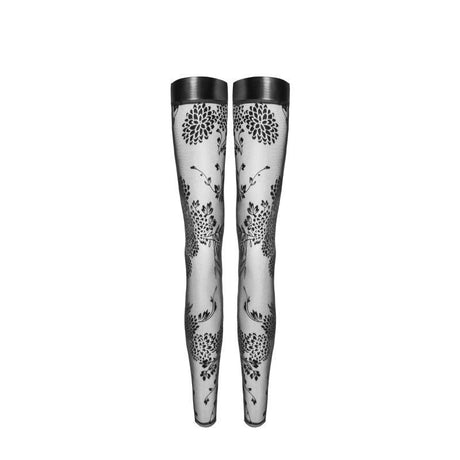 Tulle Stockings w Patterned Flock Embroidery & Power Wetlook Band - Lingerie