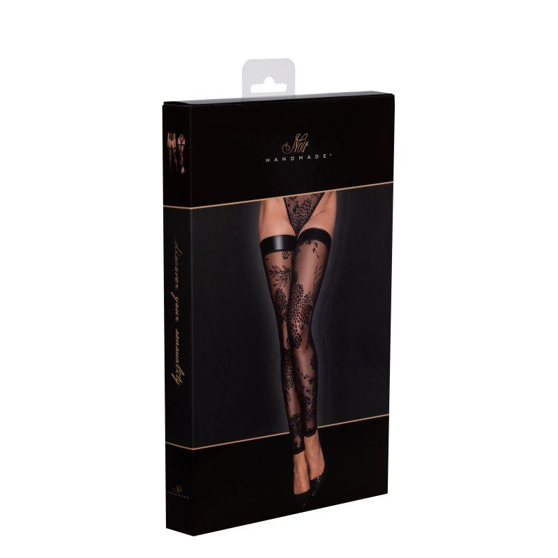 Tulle Stockings w Patterned Flock Embroidery & Power Wetlook Band - Lingerie