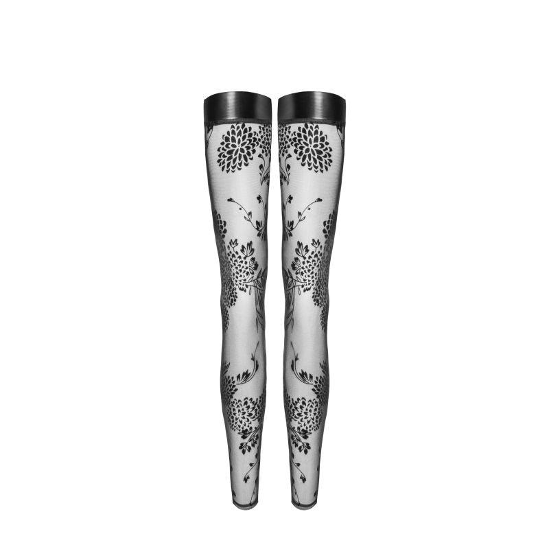 Tulle Stockings w Patterned Flock Embroidery & Power Wetlook Band - Lingerie