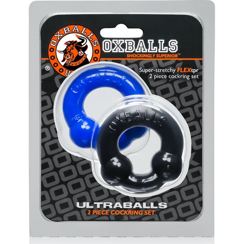 Ultraballs 2 Pk Cockring Black And Pool Blue - Adult Toys